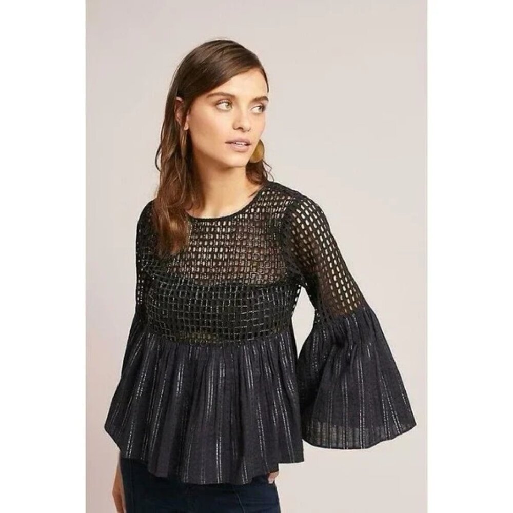 Anthropologie Maeve Alameda Beaded Black Top Women Size 2 Beaded Cage Peplum